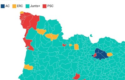 Mapa amb les formacions més votades a cada municipi de l'Alt Pirineu i Aran i del Prepirineu a les eleccions al Parlament 2024 (Mapa: ACN / Generalitat de Catalunya)
