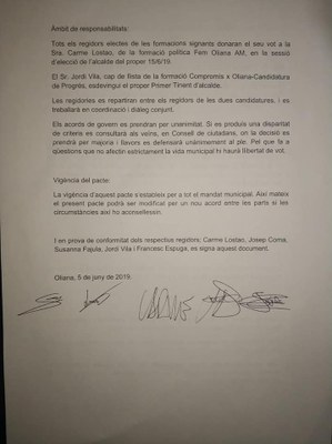 Document de l'acord de govern entre Fem Oliana-AM i Compromís