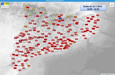 Màximes d'aquest dilluns a Catalunya (MeteoCat, 22.07.19)