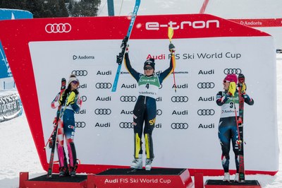 Podi de l'eslàlom de Copa del Món Femenina d'Esquí Alpí a Soldeu, aquest diumenge (Foto: Oriol Molas)