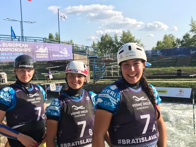 Annebel van der Knijff, Klara Olazabal i Miren Lazkano, campiones d'Europa d'eslàlom en C1 Dones U23 (Foto: RFEP)