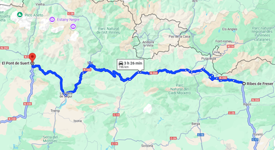 Traçat actual de l'Eix Pirinenc al tram entre Ribes de Freser i el Pont de Suert (Google Maps)