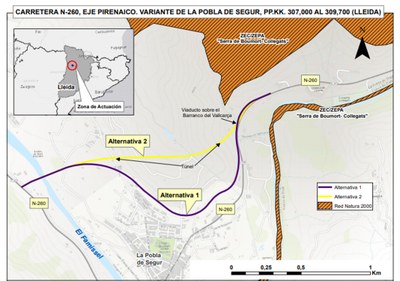 Projecte de variant de la Pobla de Segur, del qual s'ha escollit l'alternativa 2 (Mapa: MITMA)