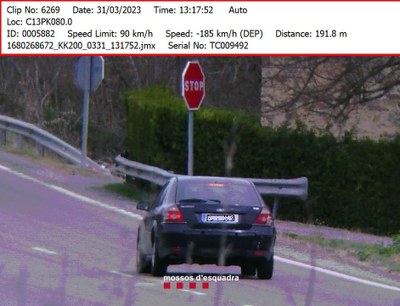 Cotxe captat circulant a 185 quilòmetres per hora (Foto: Mossos d'Esquadra)