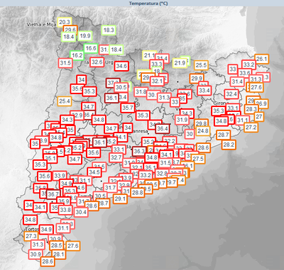 Temperatures màximes d'aquest diumenge, 9 de juliol, als observatoris de la xarxa de l'SMC (www.meteo.cat)