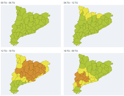 Mapa de previsió horària de tempesta per avui dijous a Catalunya, per comarques (MeteoCat)