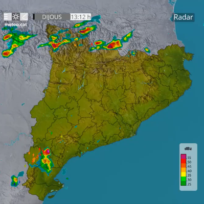 Radar meteorològic avui dijous al migdia, a l'inici de les tempestes previstes per a la tarda i el vespre (Mapa: MeteoCat)