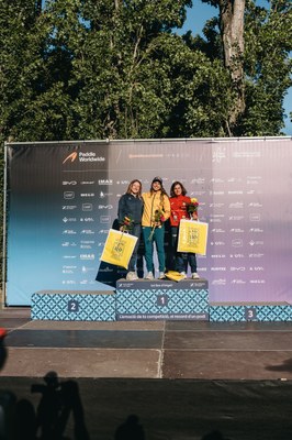 Podi definitiu de la Copa del Món d'eslàlom 2026 en K1 femení, amb Maialen Chourraut en tercer lloc (Foto: Marc Etxaniz)