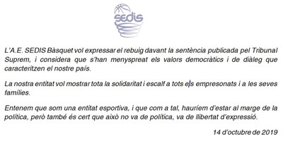 Comunicat de l'AE Sedis Bàsquet amb relació a la sentència contra l'1-O