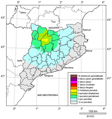 Mapa de percepció del terratrèmol amb epicentre a Ribera d'Urgellet, 03.04.2019 (ICGC)