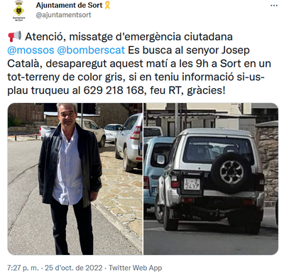Demanen col·laboració ciutadana per localitzar un veí de Sort desaparegut