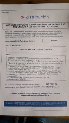 Cartell d'E-Distribución (Endesa) on s'informa del tall de llum d'aquesta setmana a Peramola