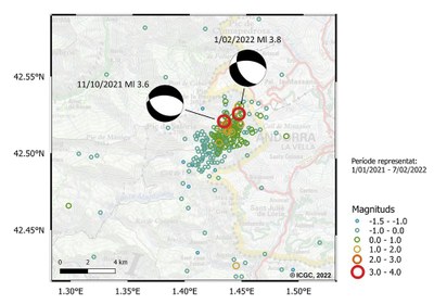 Mapa amb la magnitud dels terratrèmols registrats a l'entorn d'Os de Civís al llarg del 2021 i el començament de 2022 (ICGC)