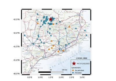 Mapa amb les respostes rebudes a Catalunya i Andorra sobre la percepció del terratrèmol de l'1 de febrer de 2022 (ICGC)