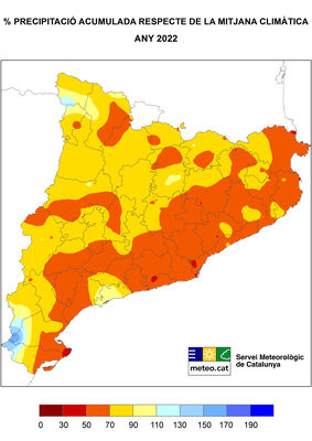 Anomalia de precipitació del 2022 a Catalunya respecte de la mitjana de pluja (MeteoCat)