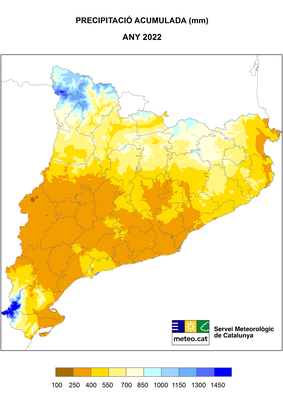 Precipitació total acumulada arreu de Catalunya l'any 2022 (MeteoCat)