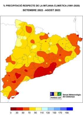 Mapa d'anomalia de pluja de setembre de 2022 a agost de 2023, en comparació amb la mitjana climàtica (MeteoCat)