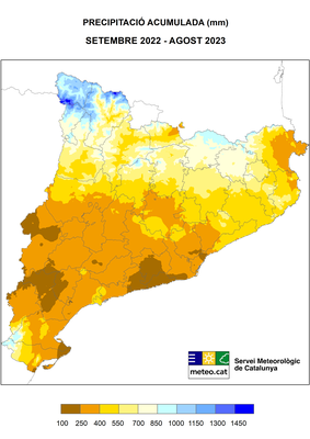 Mapa de precipitació total a Catalunya entre setembre de 2022 i agost de 2023 (SMC)
