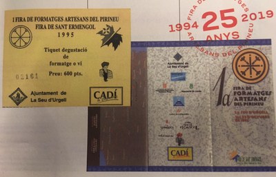 Tiquet i tríptic de la 1a Fira de Formatges Artesans del Pirineu, l'any 1995