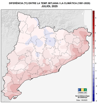 Anomalia de temperatura a Catalunya el juliol de 2025 (MeteoCat)