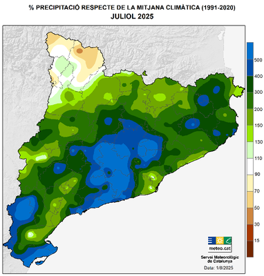 Anomalia positiva de precipitació aquest juliol de 2025, respecte de la mitjana climàtica en aquest mes de l'any (Mapa: MeteoCat)