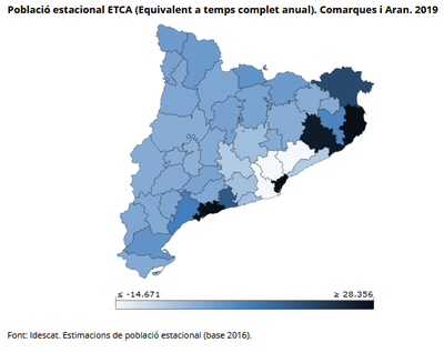 Grau de població estacional per comarques (com més fosc, més habitants temporals) - Idescat