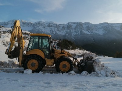 Màquina retroexcavadora netejant accessos afectats per la nevada del temporal Gloria a la zona del Parc Natural del Cadí-Moixeró (Foto: TES)
