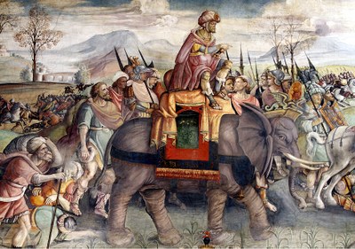 Anníbal dirigint els seus exèrcits a la invasió d’Itàlia. Frescos del Palazzo dei Conservatori, a Roma, de Jacopo Ripanda (ca. 1510) (Foto: Viquipèdia)
