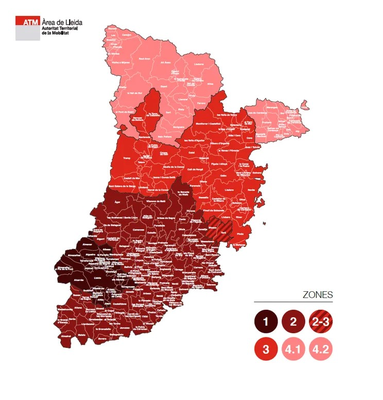 Mapa de zones de l'ATM de Lleida després de la incorporació de l'Alt Pirineu i Aran, on hi ha dues zones diferents
