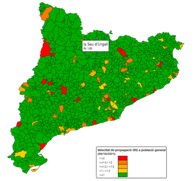 Velocitat de transmissió del virus (Rho7) actual a la Seu d'Urgell i a la resta de municipis catalans (Dep. Salut)