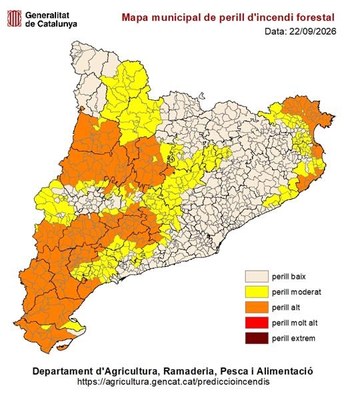Risc d'incendi a Catalunya, per municipis. 22/09/2026 (Departament d'Agricultura)