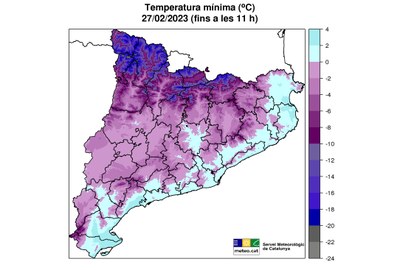 Mapa de temperatures mínimes d'aquest dilluns a Catalunya (SMC)
