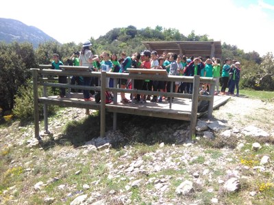 Alumnes al mirador dels voltors de la Muntanya d'Alinyà (Foto: Muntanya d'Alinyà)