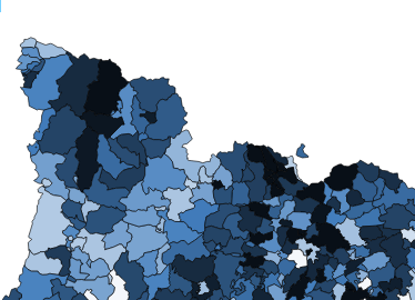 Detall dels índexs de Desenvolupament Socioeconòmic als municipis del Pirineu català. En blau fort, els que tenen millors dades (Mapa: Idescat)