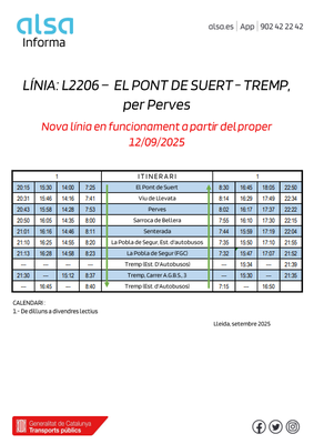 Horaris del nou autobús entre el Pont de Suert, la Pobla de Segur i Tremp 