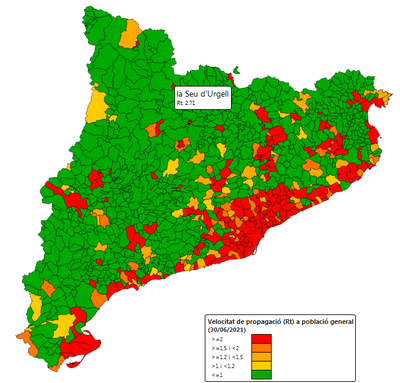Velocitat de propagació del virus (Rho7) a la Seu d'Urgell i a la resta de municipis catalans (Departament de Salut)