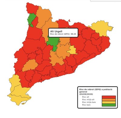 Mapa actual de risc de rebrot a totes les comarques de Catalunya (Departament de Salut)