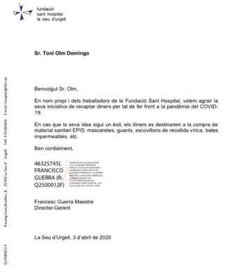 Carta de la Fundació Sant Hospital