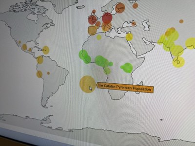 Un dels mapes en què es compara la genètica del Pirineu català amb d'altres àrees del món per investigar malalties (Foto: ACN)