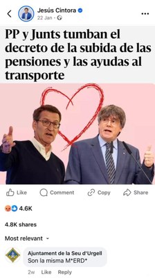 Comentari a Facebook amb el perfil de l'Ajuntament de la Seu d'Urgell