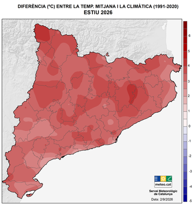 Anomalia positiva de temperatura de l'estiu de 2026 a Catalunya (Mapa: MeteoCat)