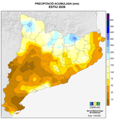 Recull de pluja de l'estiu de 2026 a Catalunya (Mapa: MeteoCat)