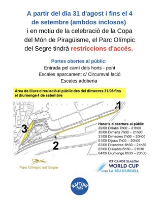 Mapa amb la zona reservada al públic (en groc) per a les Finals de la Copa del Món de Canoa Eslàlom i de Caiac Extrem