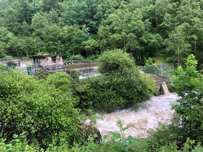 La piscifactoria de Tavascan amb l'aigua sobreeixint (Foto: ACN / cedida)