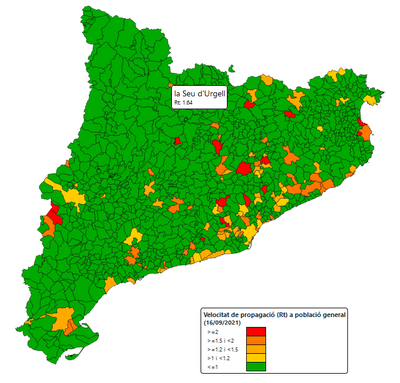 Velocitat de transmissió del virus (Rho7) actual a la Seu d'Urgell i a la resta de municipis catalans (Dep. Salut)