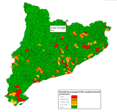 Velocitat de transmissió del virus (Rho7) actual a la Seu d'Urgell i a la resta de municipis catalans (Dep. Salut)