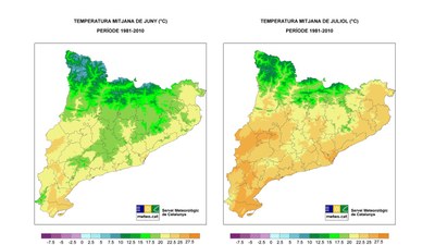 Mapa de temperatura mitjana a Catalunya al juny i al juliol, període 1981-2010 (SMC)