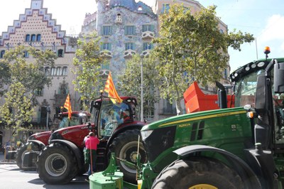 La tractorada organitzada a Barcelona pels sindicats agraris, al pas pel passeig de Gràcia (Foto: ACN)