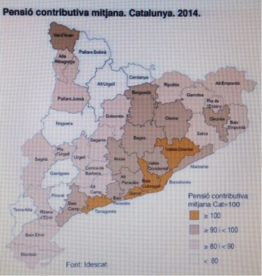 Mitjana de les pensions el 2015 per comarques (Idescat)