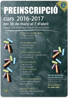 Període de preinscripció per al curs 2016-2017